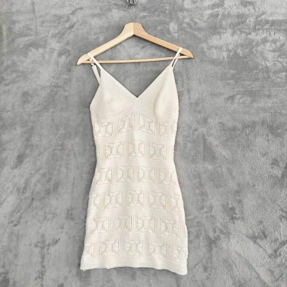 Olive + Oak Crochet Knit Mini Dress Womens M Ivory Sleeveless Y2K Boho